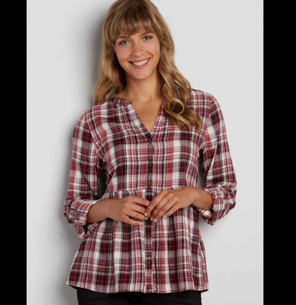 NWT! Maurices Plaid Cinched Waist Button Down Top